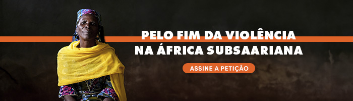 Banner da campanha Desperta África com texto "Pelo fim da violência na África Subsaariana" sobre o botão "Assine a petição". Na imagem, há uma mulher negra com um lenço amarelo e turbante e roupas coloridas com tons de rosa e azul. Ela olha para frente com um semblante preocupado e determinado. O fundo da imagem é marrom e há algumas linhas laranjas que remetem às cores da campanha
