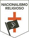 Logotipo com o texto "Nacionalismo Religioso" no topo, contendo uma cruz vermelha ao centro e uma bandeira preta com o símbolo "Om" em branco.