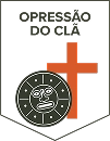 Logotipo em formato de escudo com o texto "Opressão do Clã" no topo. Ao centro, há uma cruz vermelha e, à frente dela, um símbolo circular preto com desenhos tribais e uma figura de dois rostos, representando uma insígnia cultural ou clânica.
