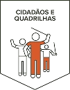 Emblema representando figuras humanas estilizada em laranja, segurando barras de ferro, acompanhado do texto ‘Cidadãos e quadrilhas’, sobre um fundo branco.