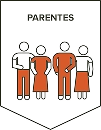 Ícone com quatro pessoas estilizadas representando uma família, onde duas pessoas são homens e duas são mulheres, todos com roupas em tons de laranja, com a palavra 'PARENTES' acima delas.