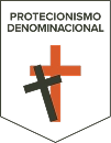 Escudo preto com cruz laranja e crucifixo cinza, texto 'Protecionismo denominacional' acima.