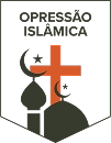 Logotipo com o texto "Opressão Islâmica" acompanhado de uma cruz vermelha ao centro e duas silhuetas de mesquitas em preto com luas crescentes e estrelas.