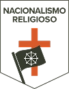 Logotipo em formato de escudo com o texto "Nacionalismo Religioso" no topo. Ao centro, há uma cruz vermelha e, à frente dela, uma bandeira preta com um símbolo branco representando a roda do Dharma, associada ao budismo.